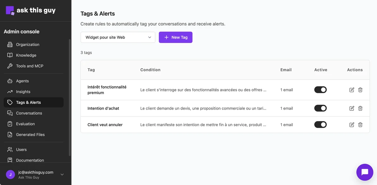 Tags & Alerts overview: list of tags, agent filter, and New Tag