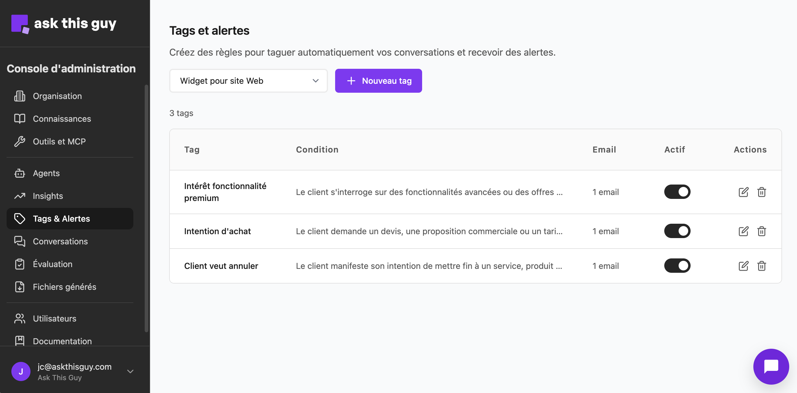 Vue d’ensemble Tags et alertes : liste, filtre par agent et bouton Nouveau tag