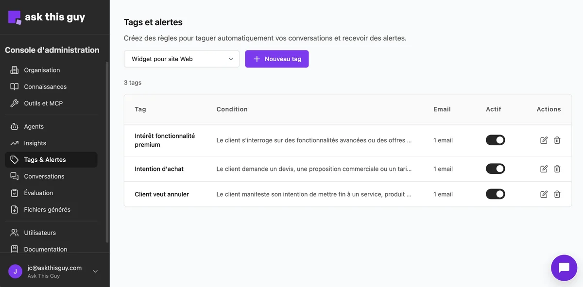 Vue d’ensemble Tags et alertes : liste, filtre par agent et bouton Nouveau tag
