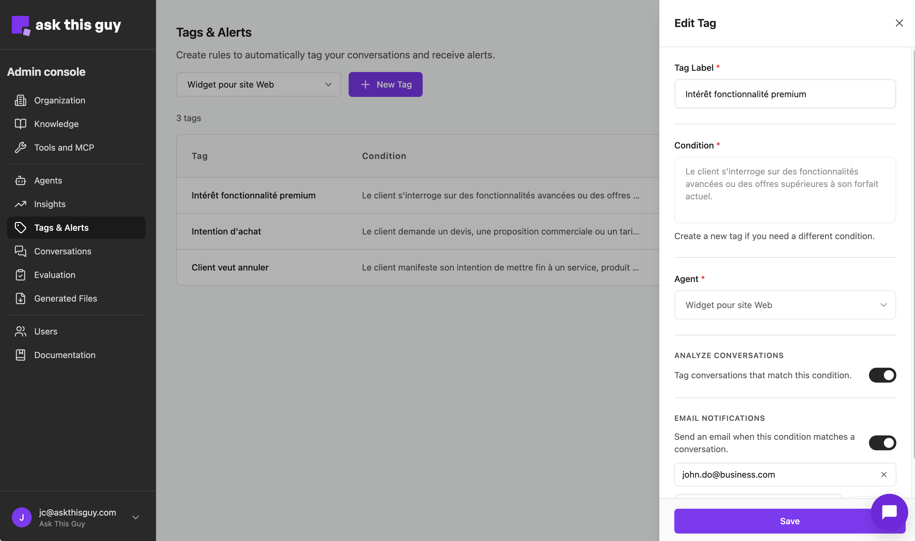 Edit tag: label, condition, agent, tagging toggle, email alert toggle