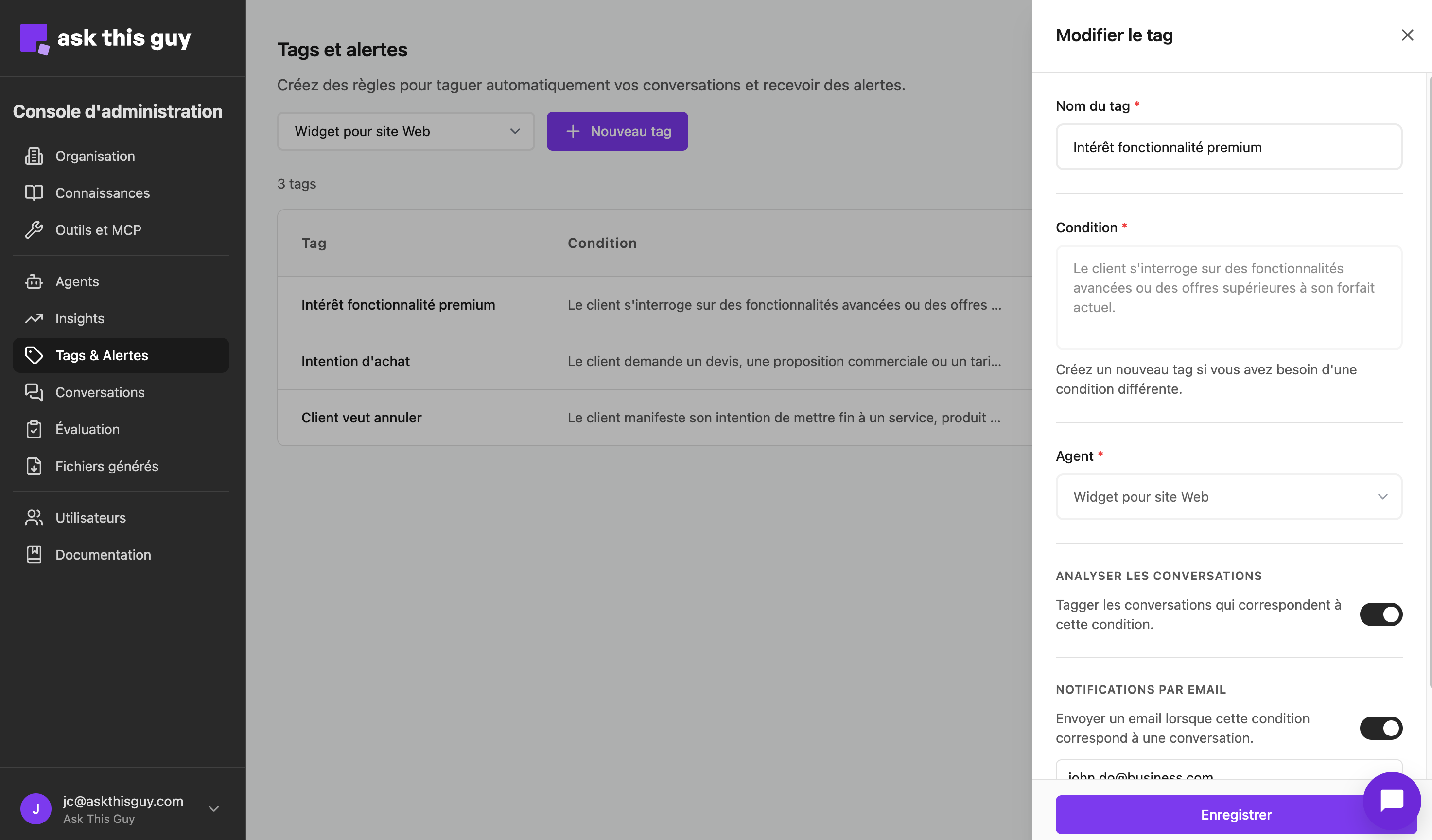 Édition d’un tag : libellé, condition, agent, bascules étiquetage et e-mail