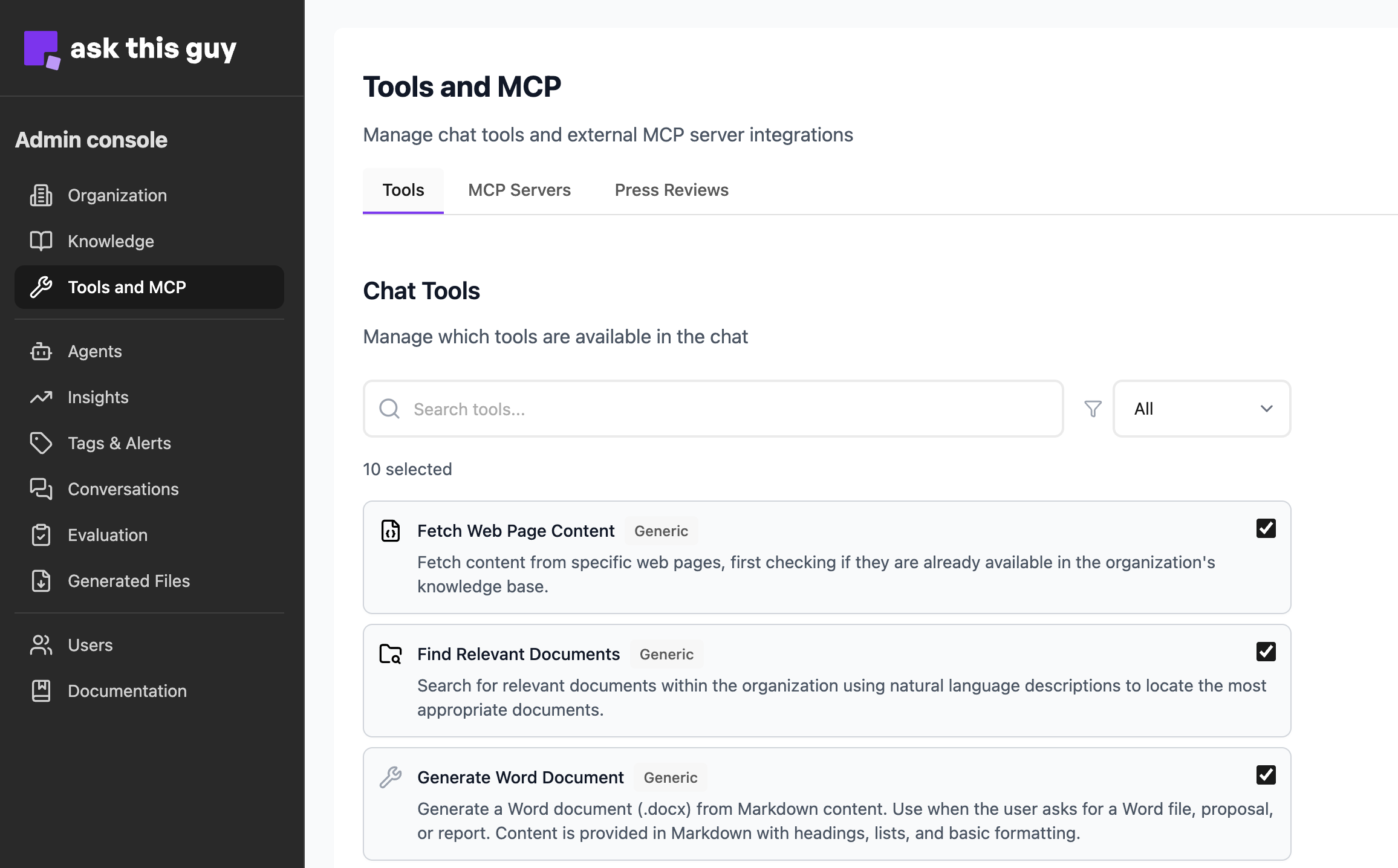 Tools in Admin Console: search, filter, and tool list with checkboxes