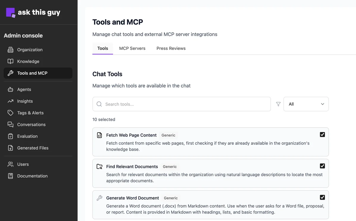 Tools in Admin Console: search, filter, and tool list with checkboxes