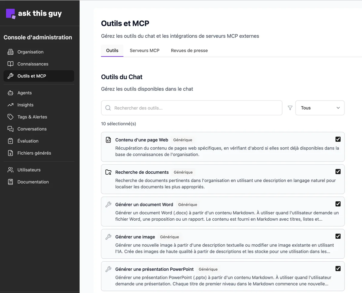 Outils dans la console : recherche, filtre et liste avec cases à cocher
