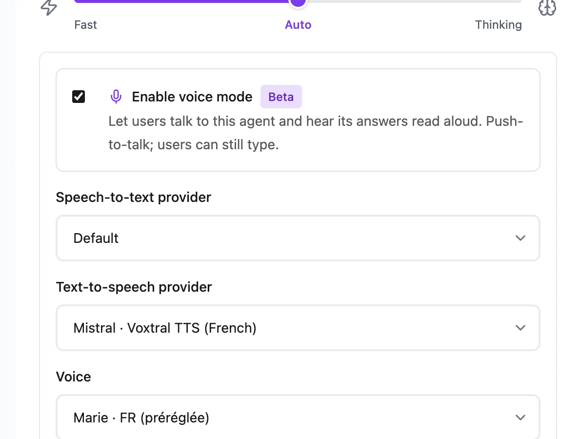 Voice mode settings in the Configuration tab of an ATG agent