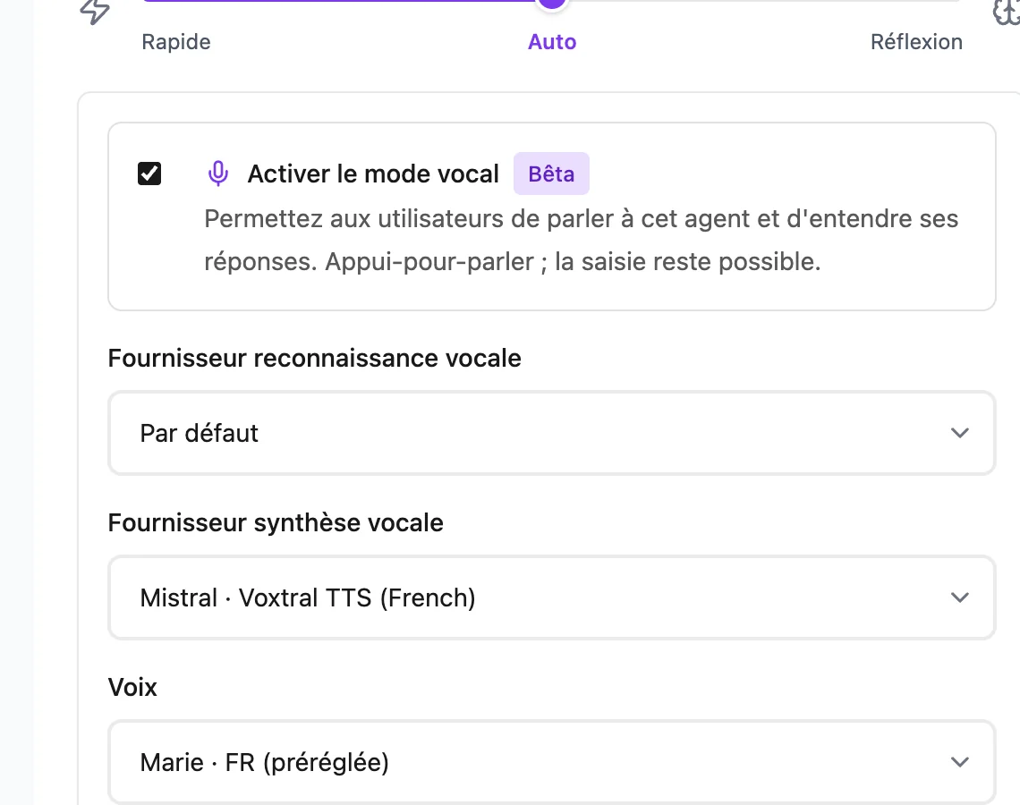 Réglages du mode vocal dans l'onglet Configuration d'un agent ATG