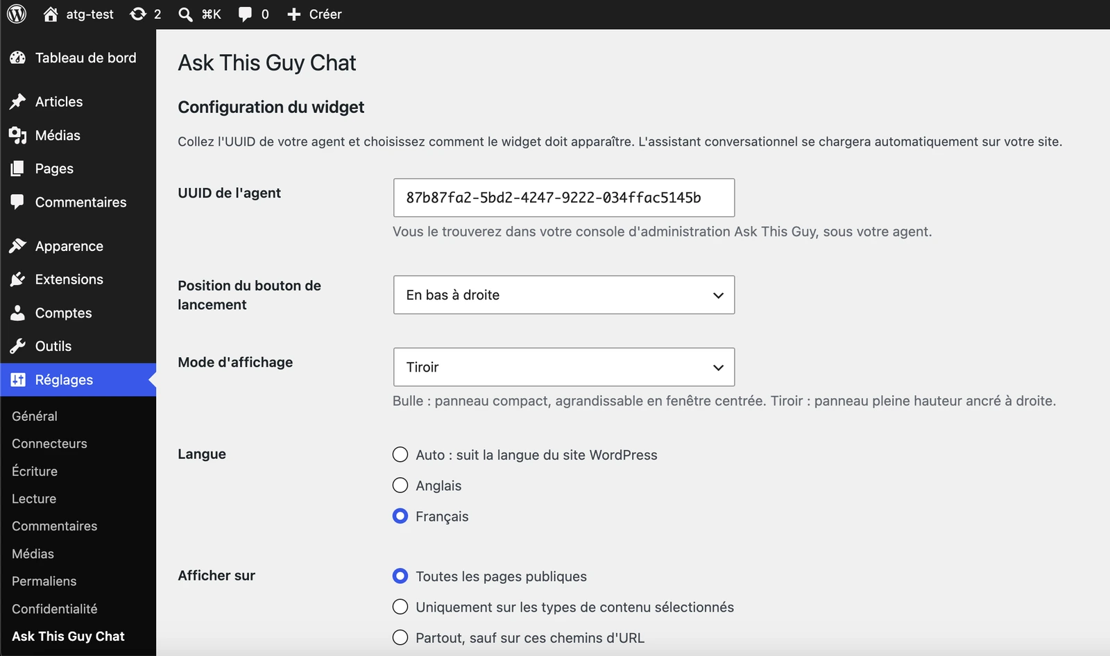 Ask This Guy Chat plugin settings page in the WordPress admin