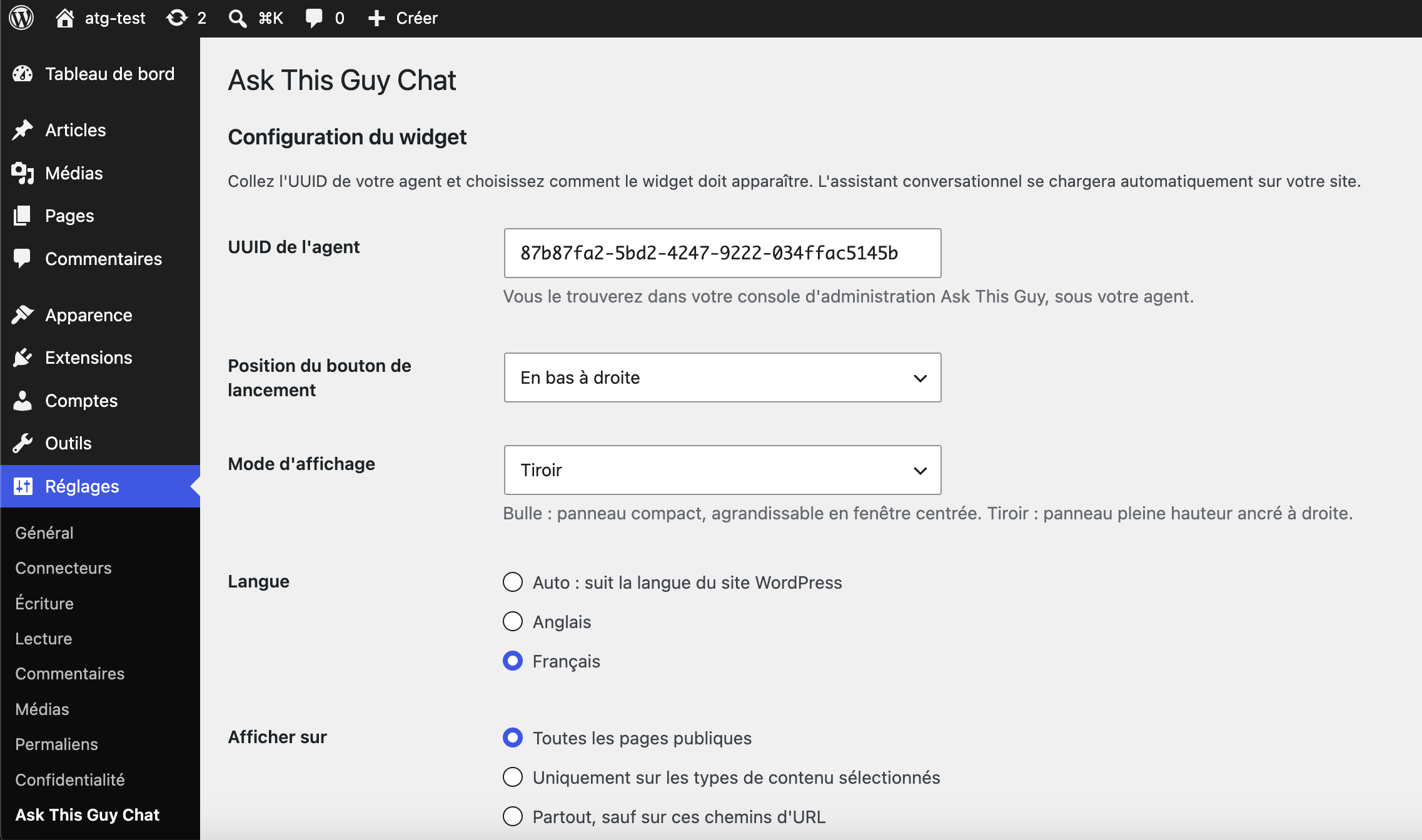 Page de réglages du plugin Ask This Guy Chat dans l'administration WordPress