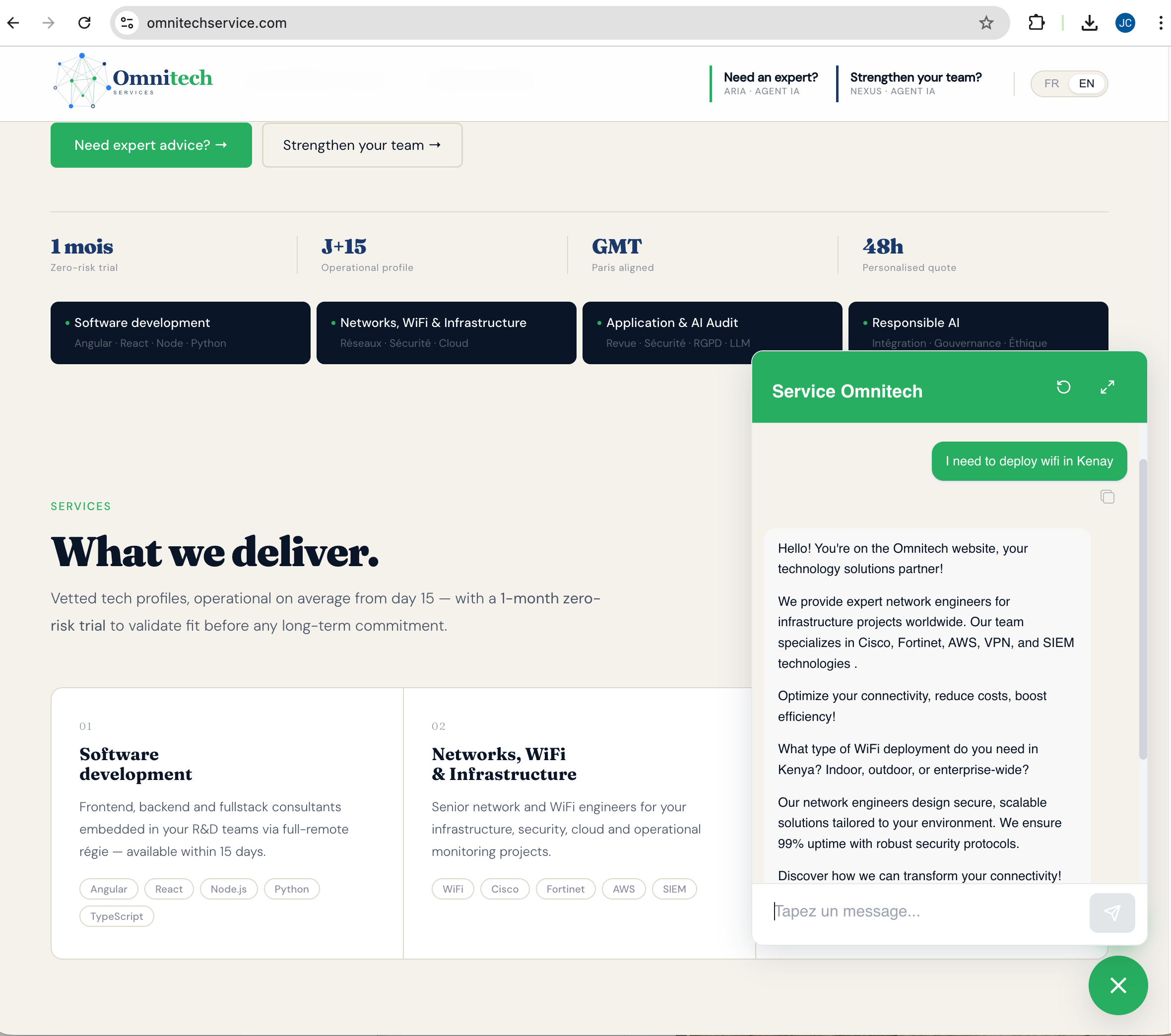Example of an embedded website chatbot