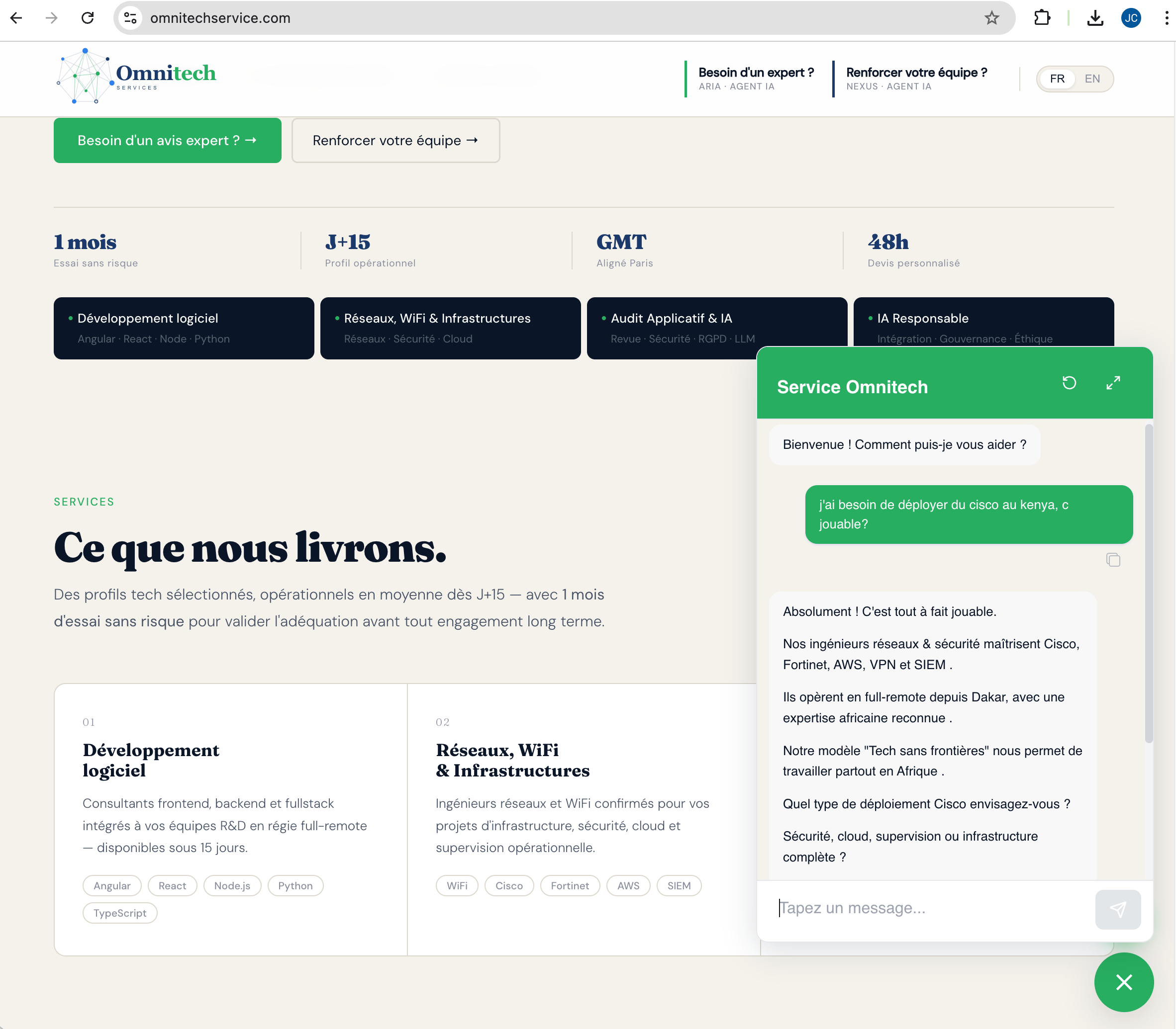 Exemple de chatbot intégré sur un site web